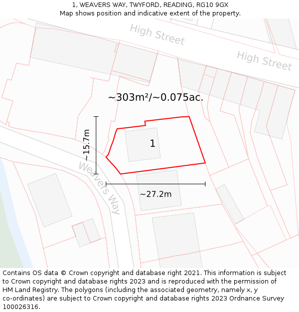 1, WEAVERS WAY, TWYFORD, READING, RG10 9GX: Plot and title map