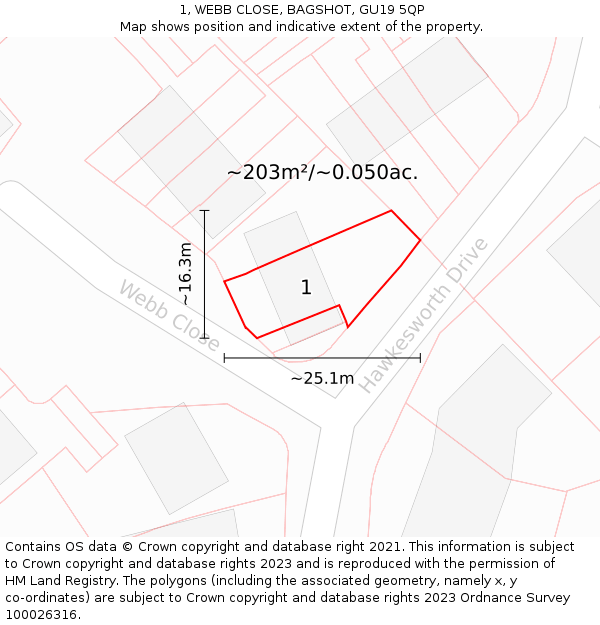 1, WEBB CLOSE, BAGSHOT, GU19 5QP: Plot and title map