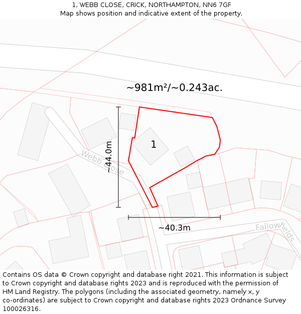 1, WEBB CLOSE, CRICK, NORTHAMPTON, NN6 7GF: Plot and title map