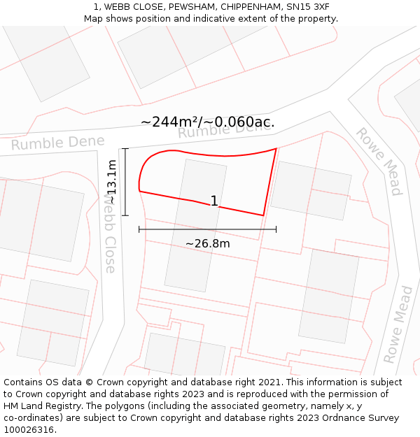 1, WEBB CLOSE, PEWSHAM, CHIPPENHAM, SN15 3XF: Plot and title map