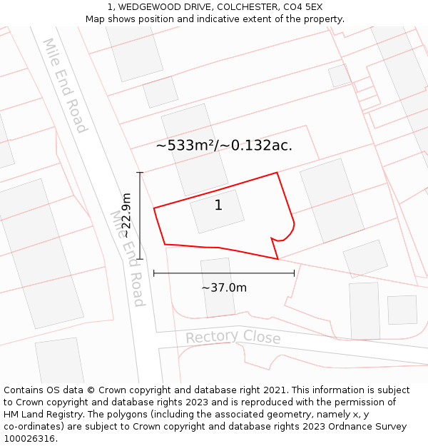 1, WEDGEWOOD DRIVE, COLCHESTER, CO4 5EX: Plot and title map