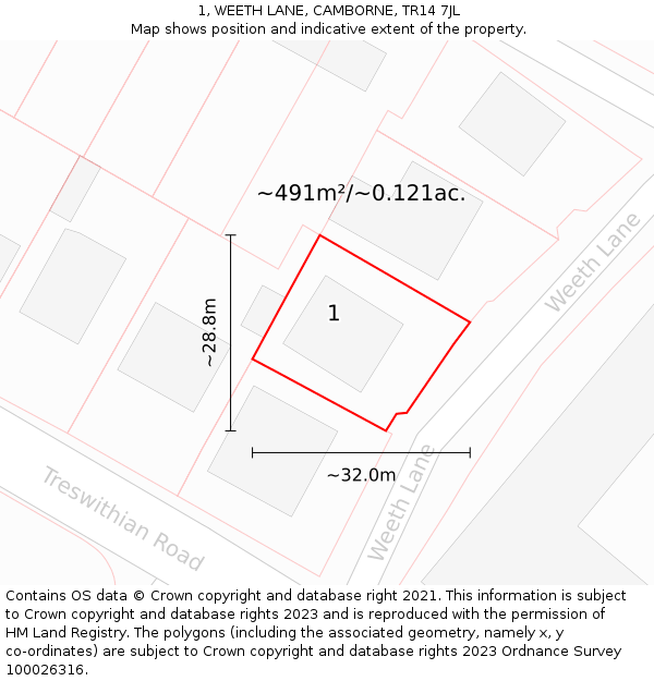 1, WEETH LANE, CAMBORNE, TR14 7JL: Plot and title map