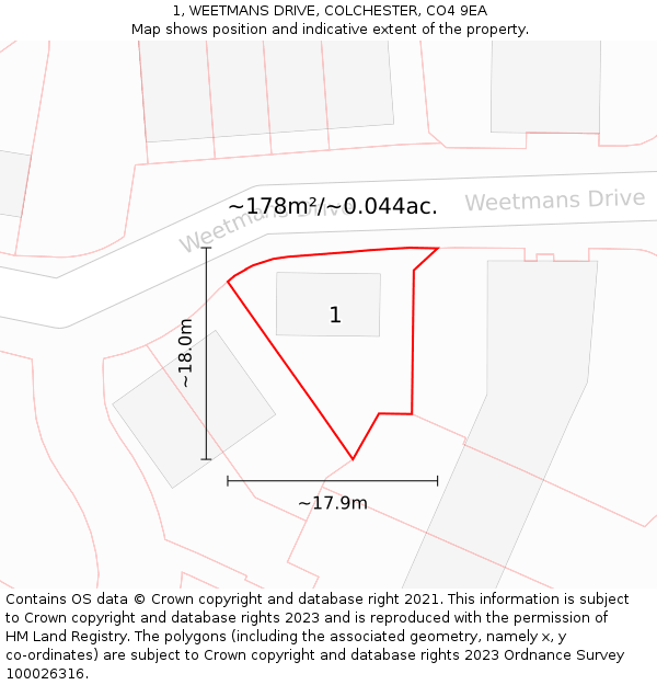 1, WEETMANS DRIVE, COLCHESTER, CO4 9EA: Plot and title map