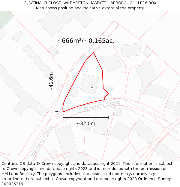 1, WEINAHR CLOSE, WILBARSTON, MARKET HARBOROUGH, LE16 8QX: Plot and title map