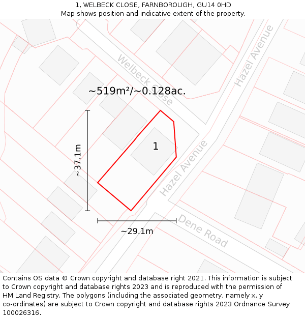 1, WELBECK CLOSE, FARNBOROUGH, GU14 0HD: Plot and title map