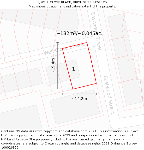 1, WELL CLOSE PLACE, BRIGHOUSE, HD6 1DX: Plot and title map