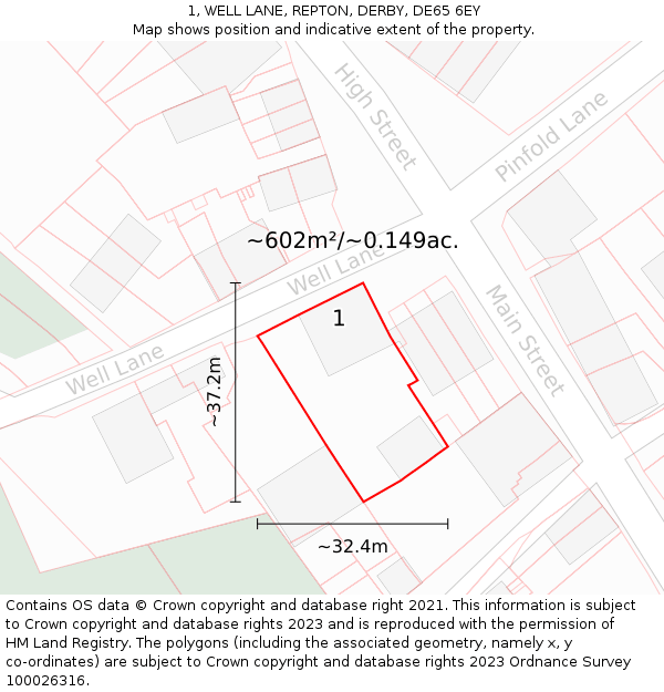 1, WELL LANE, REPTON, DERBY, DE65 6EY: Plot and title map