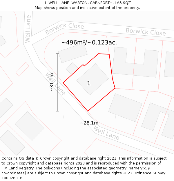 1, WELL LANE, WARTON, CARNFORTH, LA5 9QZ: Plot and title map