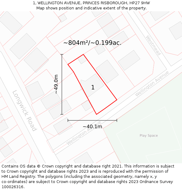 1, WELLINGTON AVENUE, PRINCES RISBOROUGH, HP27 9HW: Plot and title map