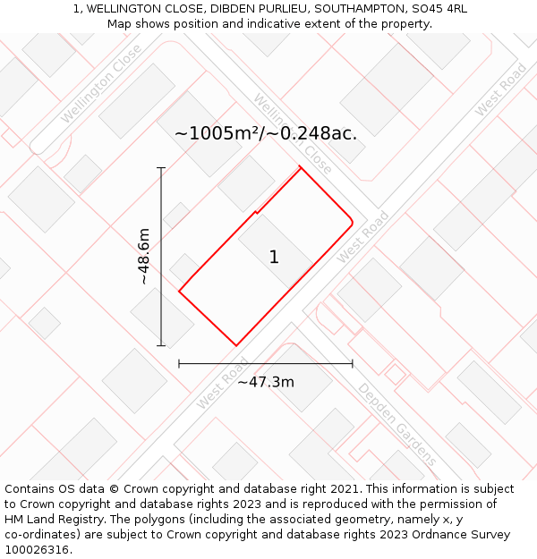 1, WELLINGTON CLOSE, DIBDEN PURLIEU, SOUTHAMPTON, SO45 4RL: Plot and title map