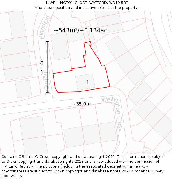 1, WELLINGTON CLOSE, WATFORD, WD19 5BF: Plot and title map