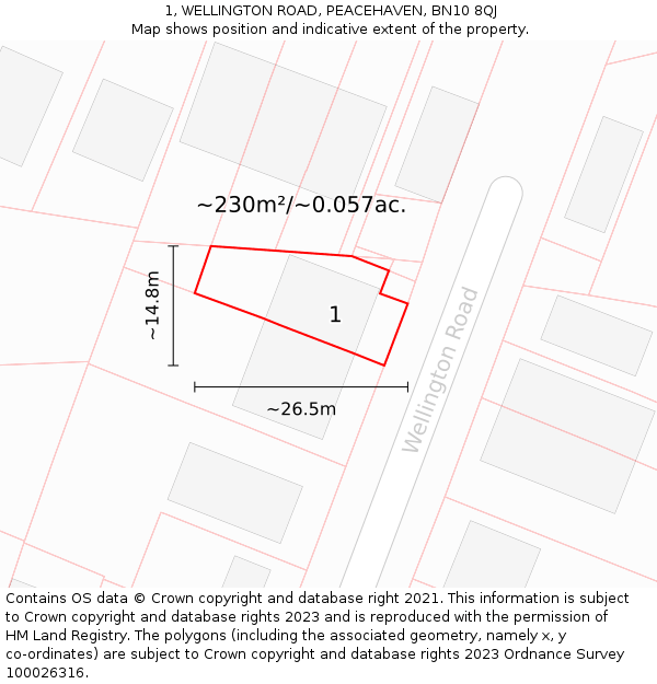 1, WELLINGTON ROAD, PEACEHAVEN, BN10 8QJ: Plot and title map