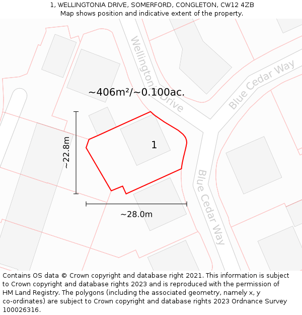 1, WELLINGTONIA DRIVE, SOMERFORD, CONGLETON, CW12 4ZB: Plot and title map