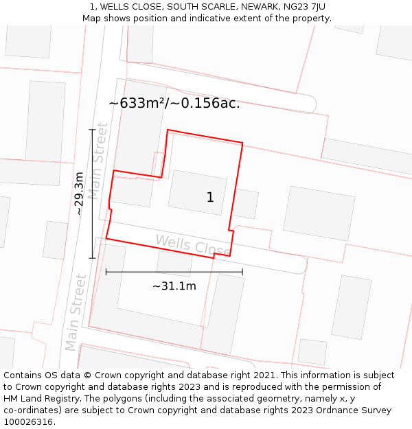 1, WELLS CLOSE, SOUTH SCARLE, NEWARK, NG23 7JU: Plot and title map