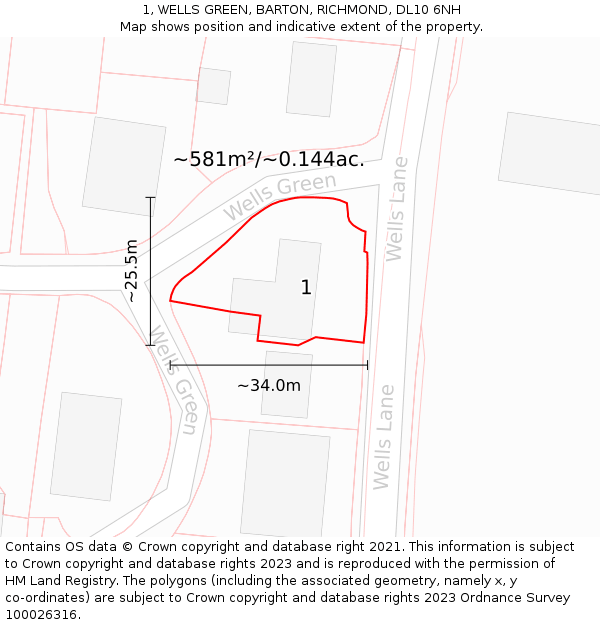 1, WELLS GREEN, BARTON, RICHMOND, DL10 6NH: Plot and title map