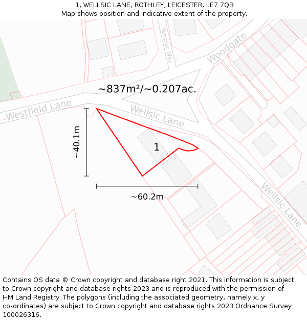 1, WELLSIC LANE, ROTHLEY, LEICESTER, LE7 7QB: Plot and title map