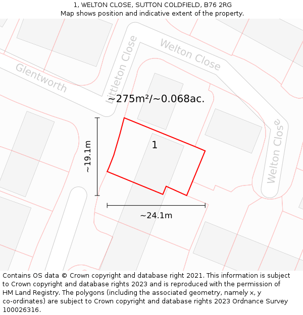 1, WELTON CLOSE, SUTTON COLDFIELD, B76 2RG: Plot and title map