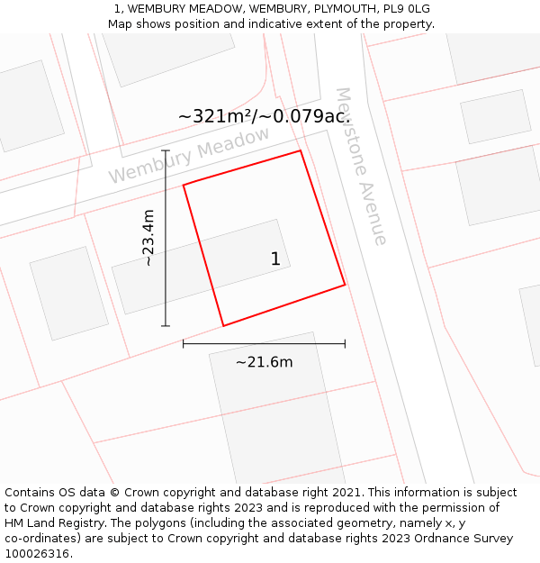 1, WEMBURY MEADOW, WEMBURY, PLYMOUTH, PL9 0LG: Plot and title map