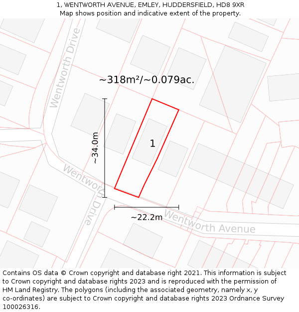 1, WENTWORTH AVENUE, EMLEY, HUDDERSFIELD, HD8 9XR: Plot and title map