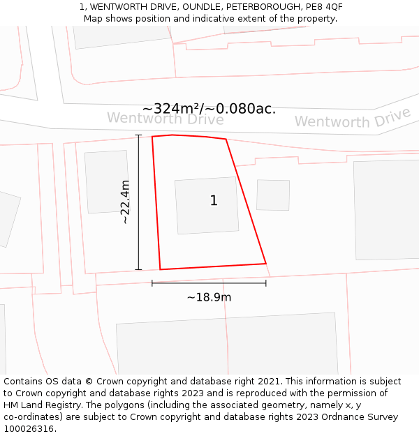 1, WENTWORTH DRIVE, OUNDLE, PETERBOROUGH, PE8 4QF: Plot and title map