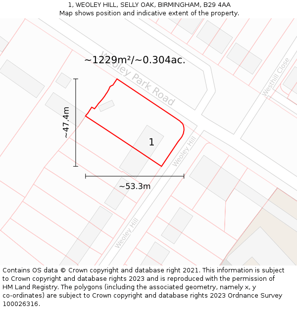 1, WEOLEY HILL, SELLY OAK, BIRMINGHAM, B29 4AA: Plot and title map