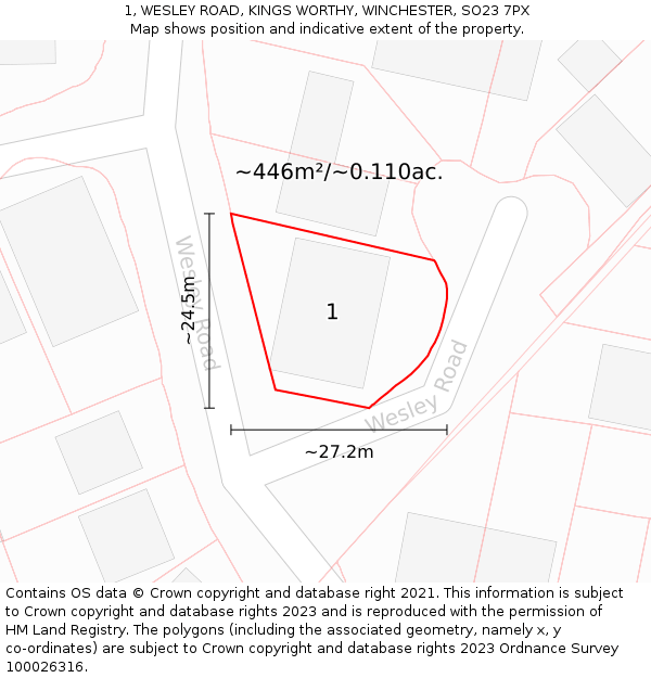 1, WESLEY ROAD, KINGS WORTHY, WINCHESTER, SO23 7PX: Plot and title map