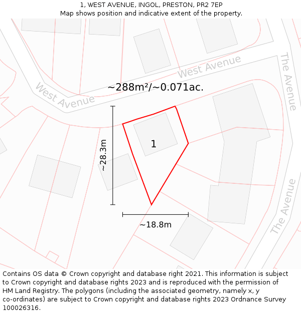 1, WEST AVENUE, INGOL, PRESTON, PR2 7EP: Plot and title map