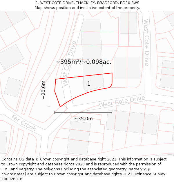 1, WEST COTE DRIVE, THACKLEY, BRADFORD, BD10 8WS: Plot and title map