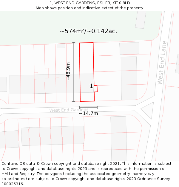 1, WEST END GARDENS, ESHER, KT10 8LD: Plot and title map