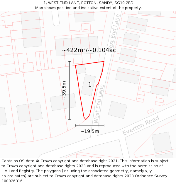 1, WEST END LANE, POTTON, SANDY, SG19 2RD: Plot and title map