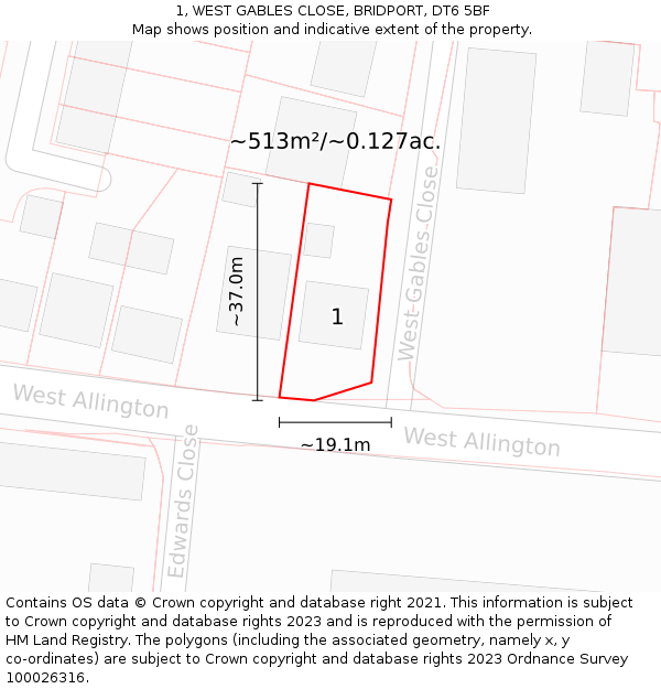 1, WEST GABLES CLOSE, BRIDPORT, DT6 5BF: Plot and title map