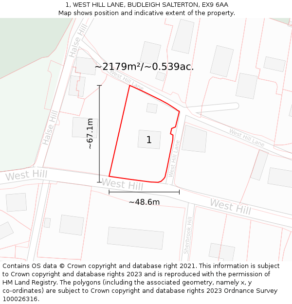 1, WEST HILL LANE, BUDLEIGH SALTERTON, EX9 6AA: Plot and title map