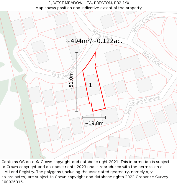 1, WEST MEADOW, LEA, PRESTON, PR2 1YX: Plot and title map