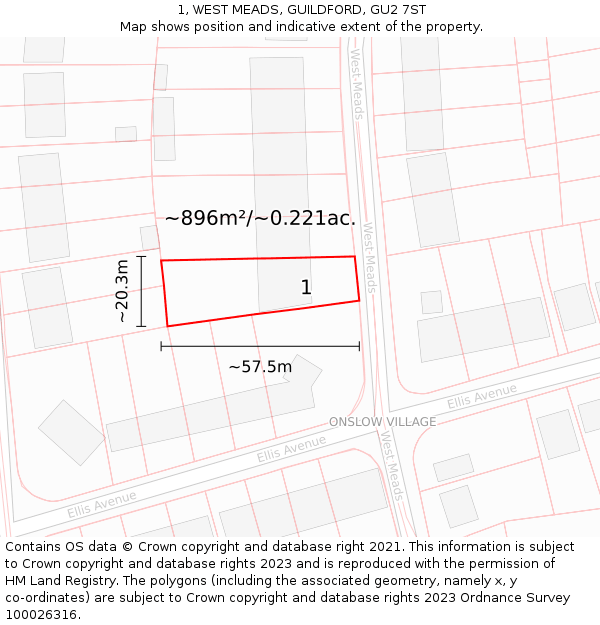 1, WEST MEADS, GUILDFORD, GU2 7ST: Plot and title map