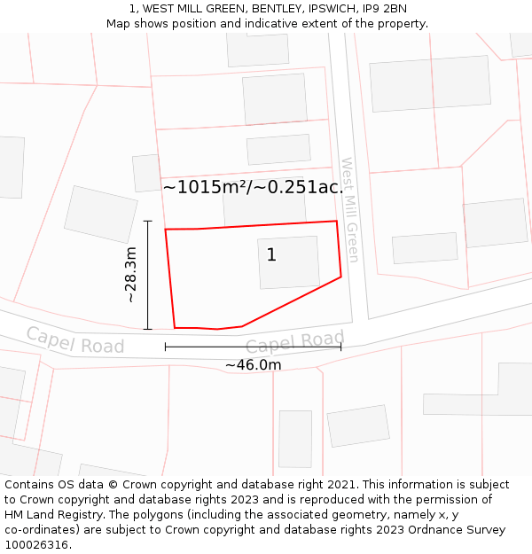 1, WEST MILL GREEN, BENTLEY, IPSWICH, IP9 2BN: Plot and title map