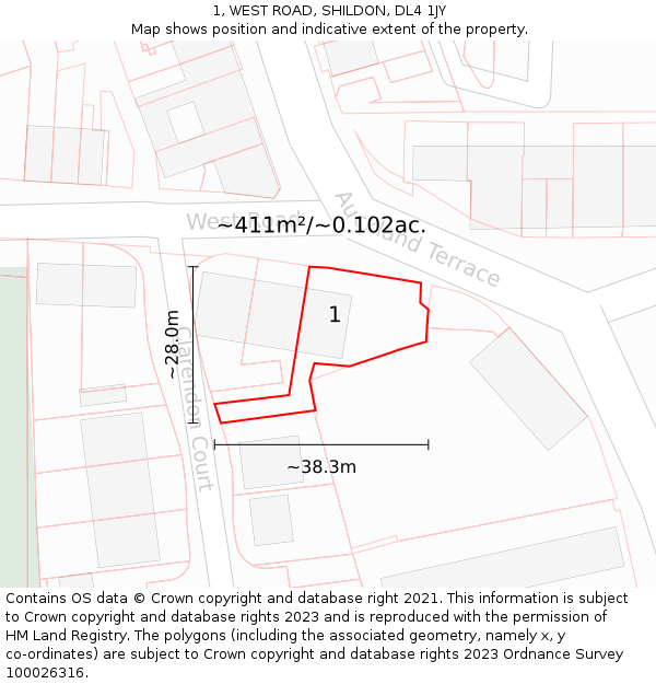 1, WEST ROAD, SHILDON, DL4 1JY: Plot and title map