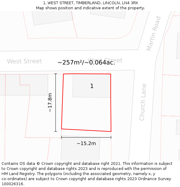 1, WEST STREET, TIMBERLAND, LINCOLN, LN4 3RX: Plot and title map