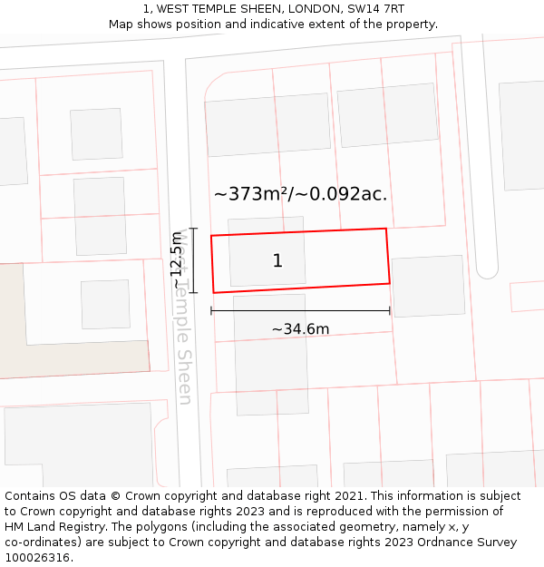 1, WEST TEMPLE SHEEN, LONDON, SW14 7RT: Plot and title map