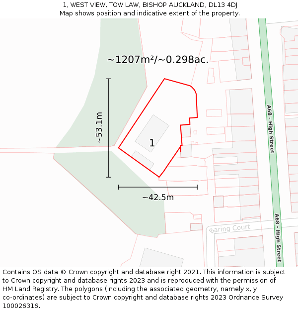 1, WEST VIEW, TOW LAW, BISHOP AUCKLAND, DL13 4DJ: Plot and title map