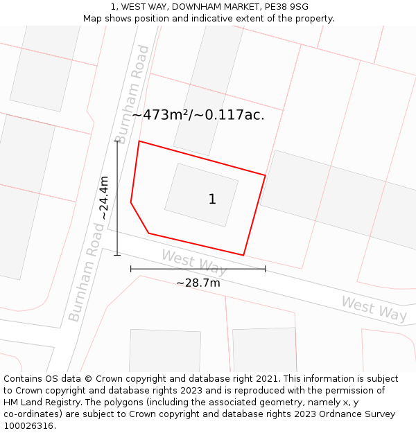 1, WEST WAY, DOWNHAM MARKET, PE38 9SG: Plot and title map