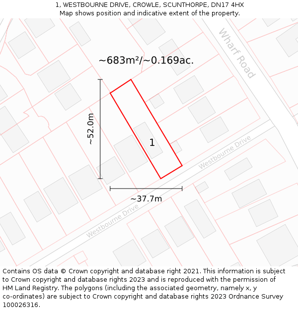 1, WESTBOURNE DRIVE, CROWLE, SCUNTHORPE, DN17 4HX: Plot and title map