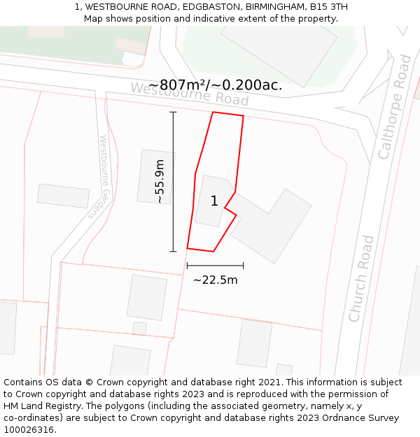 1, WESTBOURNE ROAD, EDGBASTON, BIRMINGHAM, B15 3TH: Plot and title map