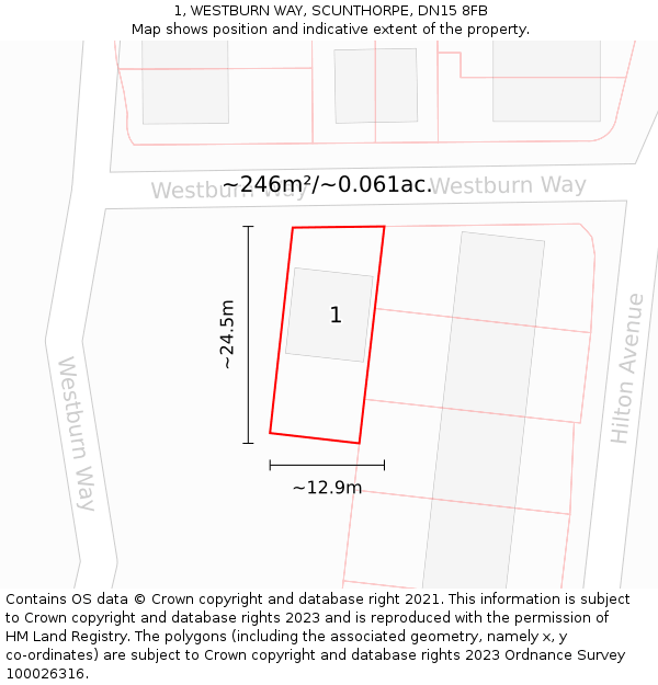 1, WESTBURN WAY, SCUNTHORPE, DN15 8FB: Plot and title map