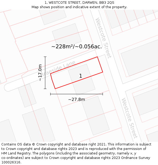 1, WESTCOTE STREET, DARWEN, BB3 2QS: Plot and title map