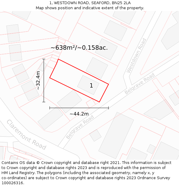 1, WESTDOWN ROAD, SEAFORD, BN25 2LA: Plot and title map