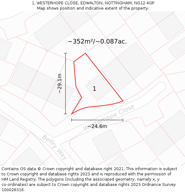 1, WESTERHOPE CLOSE, EDWALTON, NOTTINGHAM, NG12 4GP: Plot and title map