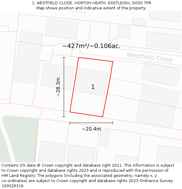 1, WESTFIELD CLOSE, HORTON HEATH, EASTLEIGH, SO50 7PR: Plot and title map