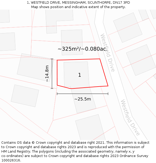 1, WESTFIELD DRIVE, MESSINGHAM, SCUNTHORPE, DN17 3PD: Plot and title map