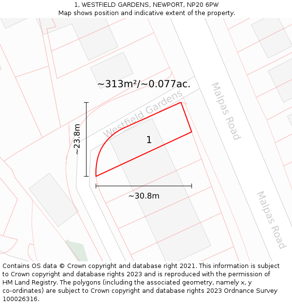 1, WESTFIELD GARDENS, NEWPORT, NP20 6PW: Plot and title map