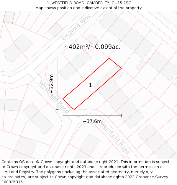 1, WESTFIELD ROAD, CAMBERLEY, GU15 2SG: Plot and title map